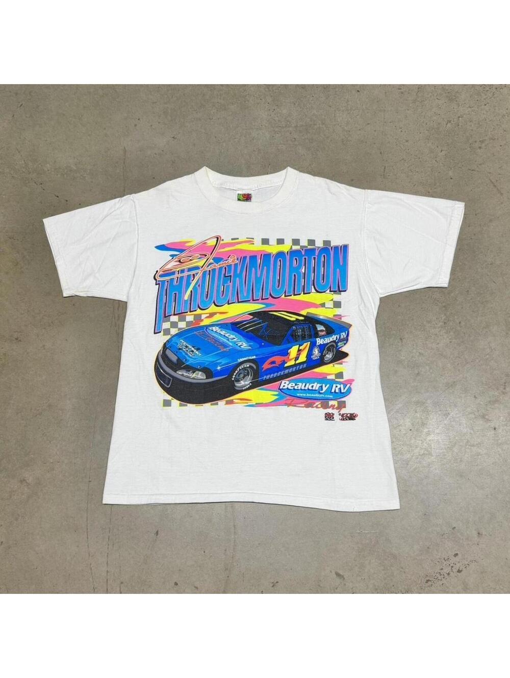 Vintage Racing T Shirt Mens Medium White Neon Jamie Throckmorton Cars 90s Y2K